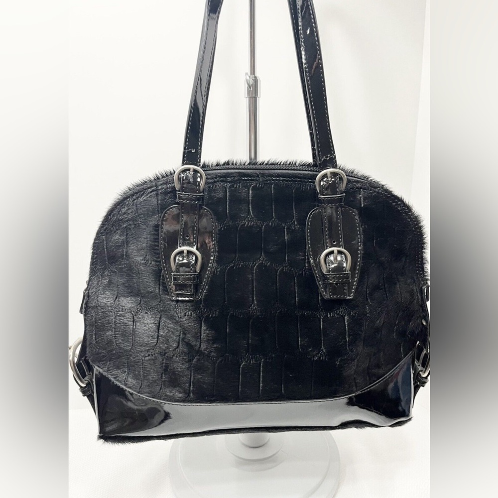 Charlie Lapson Black Embossed Faux Fur Patent Leather Double Handle Shoulder Bag